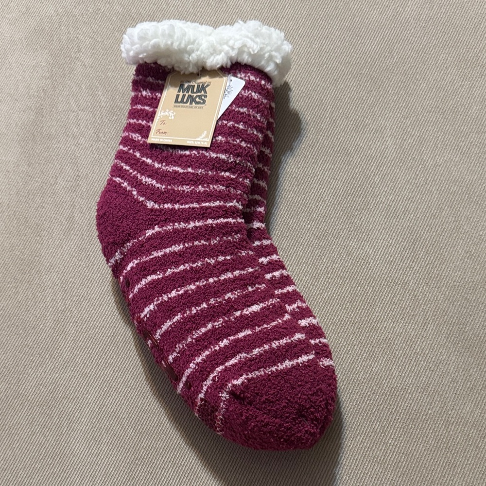 Muk Luks Burgundy and White Striped Socks